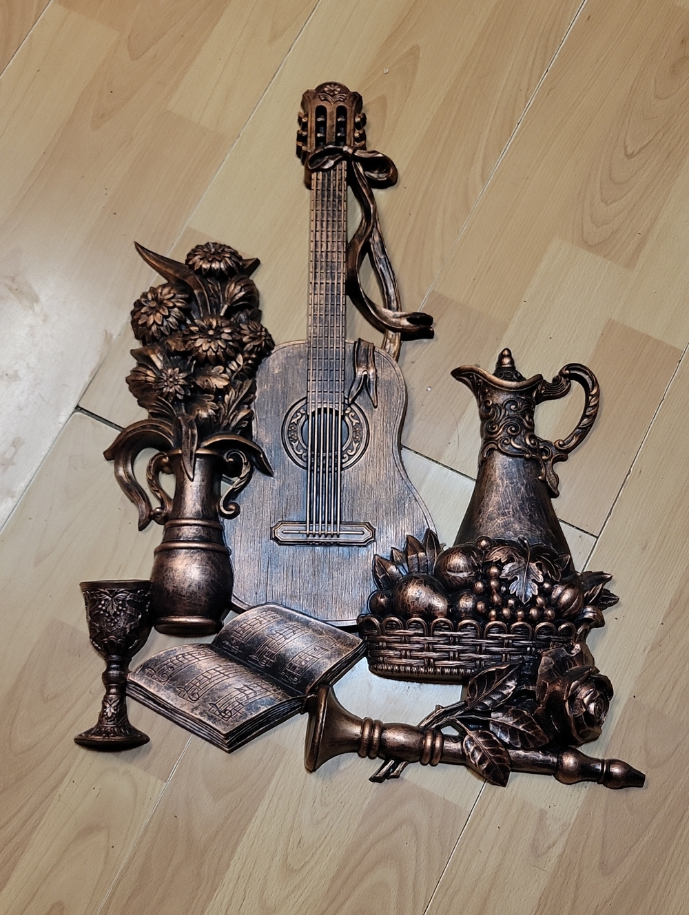 Decorative Coppercraft Bronze Guitar and Still Life Wall Plaque